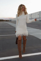 Fringe hem turtleneck sweater dress with long sleeves in textured knit - view 2