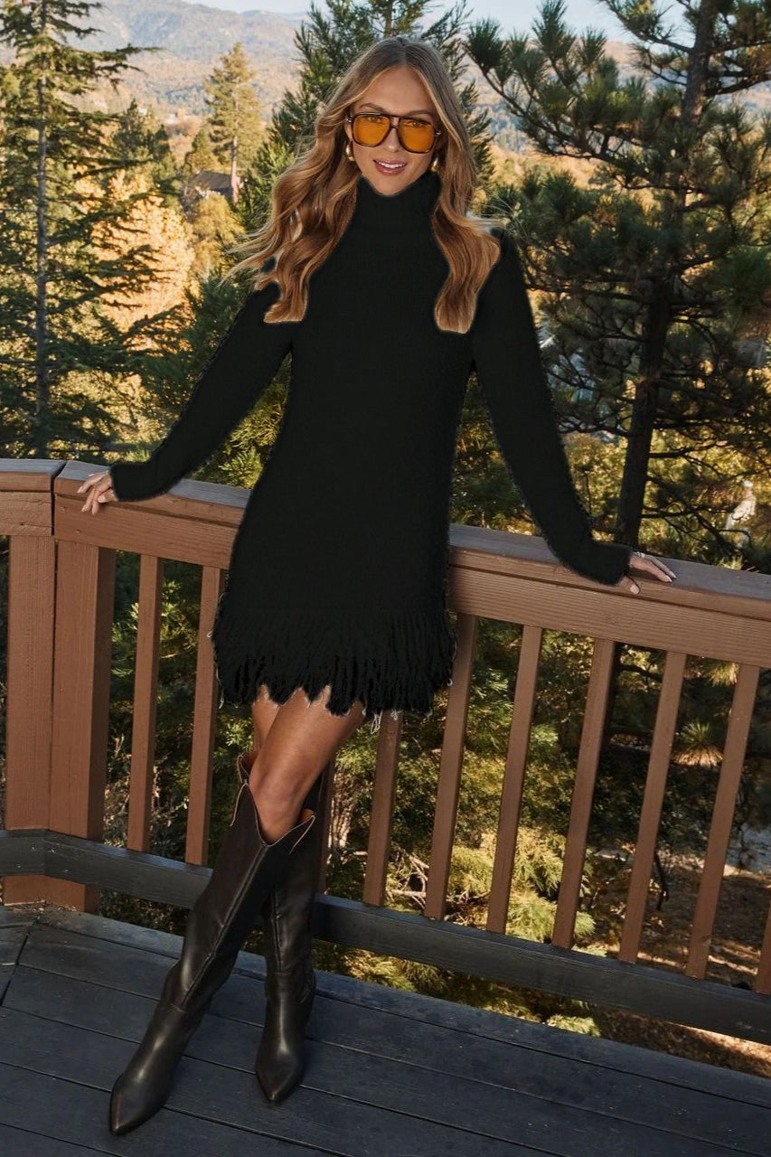Fringe hem turtleneck sweater dress with long sleeves in textured knit - view 5