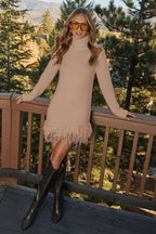 Fringe hem turtleneck sweater dress with long sleeves in textured knit - view 7