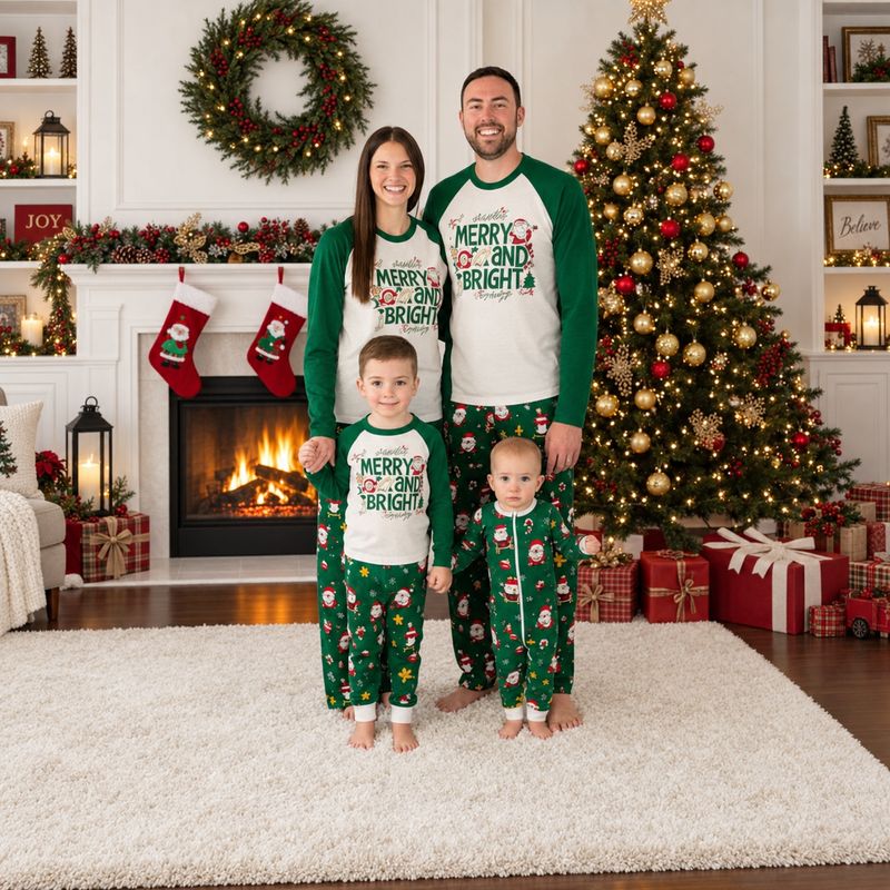 Matching Christmas pajamas with white raglan tee, Merry and Bright graphic and green Santa print pants