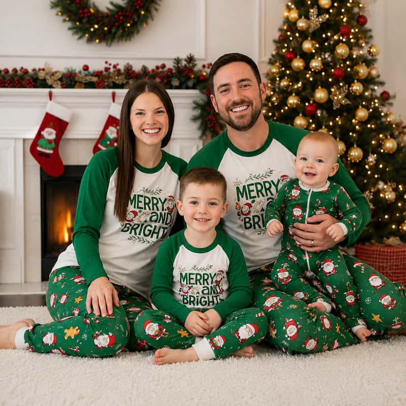 Matching Christmas pajamas with white raglan tee, Merry and Bright graphic and green Santa print pants - view 2