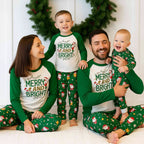 Matching Christmas pajamas with white raglan tee, Merry and Bright graphic and green Santa print pants - view 3
