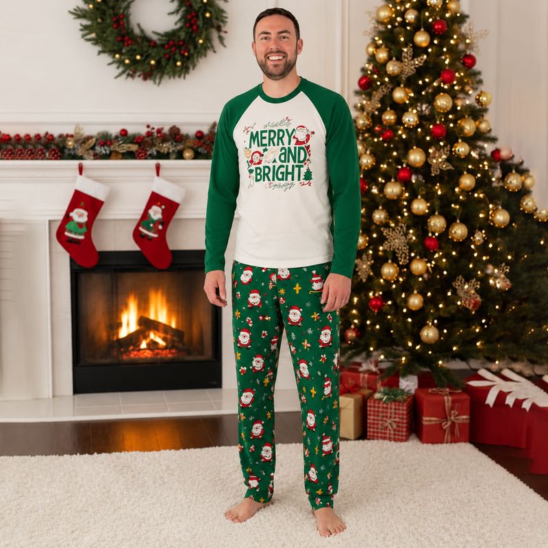 Matching Christmas pajamas with white raglan tee, Merry and Bright graphic and green Santa print pants - view 4