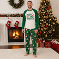 Matching Christmas pajamas with white raglan tee, Merry and Bright graphic and green Santa print pants - view 4