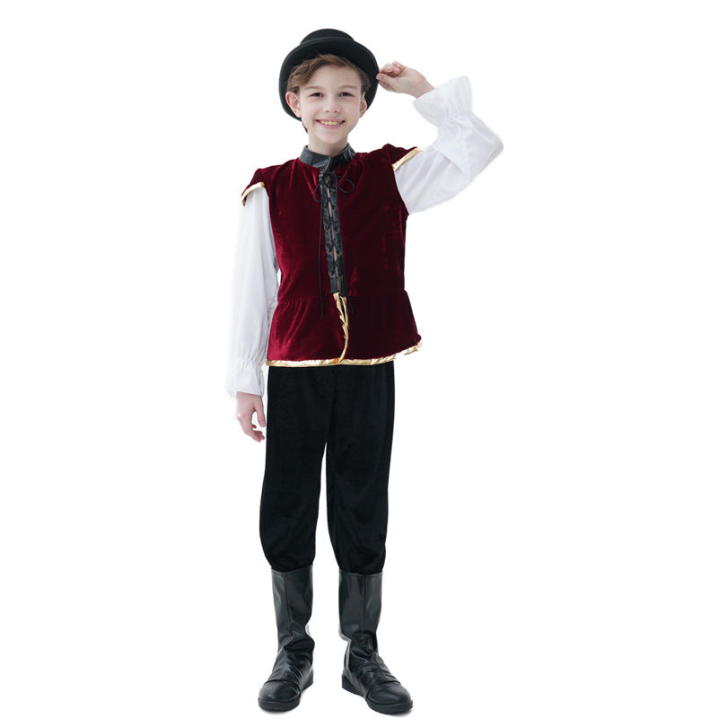 Boys Renaissance Halloween costume with red velvet vest, gold trim and white full-sleeve shirt - view 2