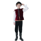 Boys Renaissance Halloween costume with red velvet vest, gold trim and white full-sleeve shirt - view 2