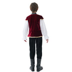 Boys Renaissance Halloween costume with red velvet vest, gold trim and white full-sleeve shirt - view 4