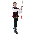 Boys Renaissance Halloween costume with red velvet vest, gold trim and white full-sleeve shirt - view 5