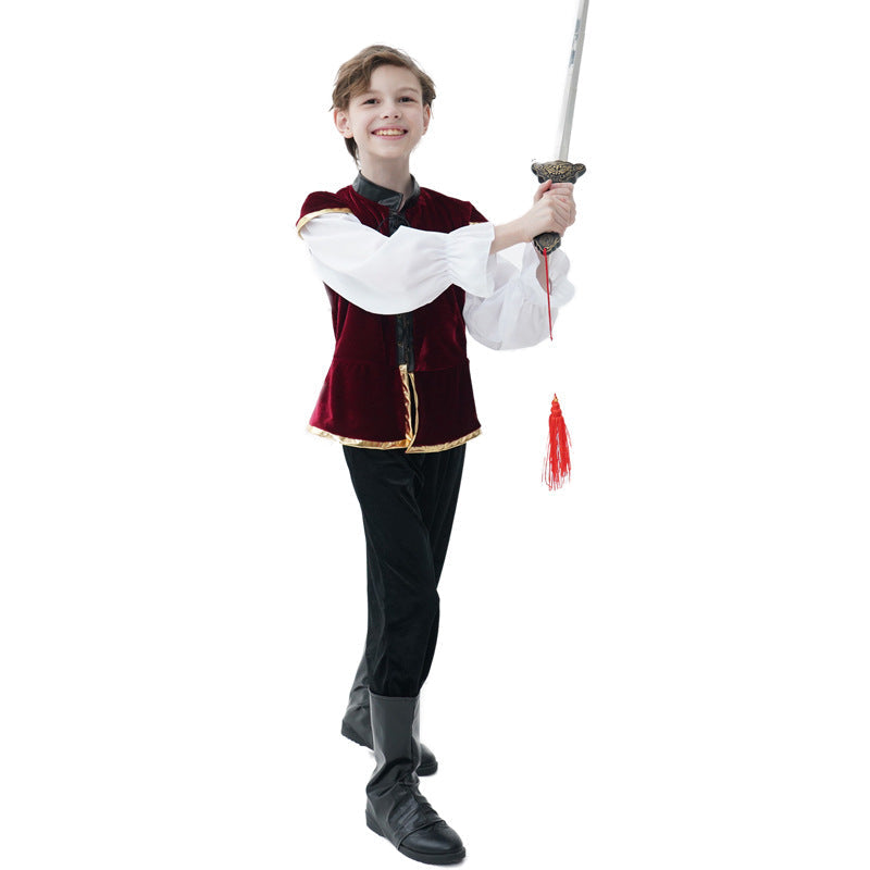 Boys Renaissance Halloween costume with red velvet vest, gold trim and white full-sleeve shirt - view 5