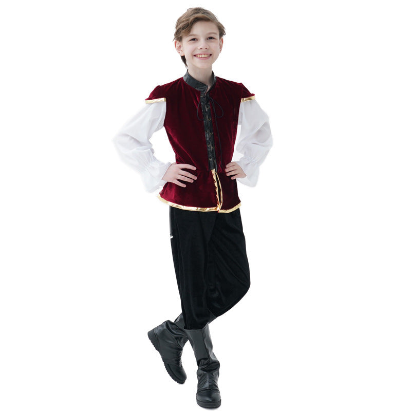 Boys Renaissance Halloween costume with red velvet vest, gold trim and white full-sleeve shirt - view 6