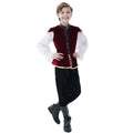 Boys Renaissance Halloween costume with red velvet vest, gold trim and white full-sleeve shirt - view 6