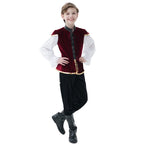 Boys Renaissance Halloween costume with red velvet vest, gold trim and white full-sleeve shirt - view 6