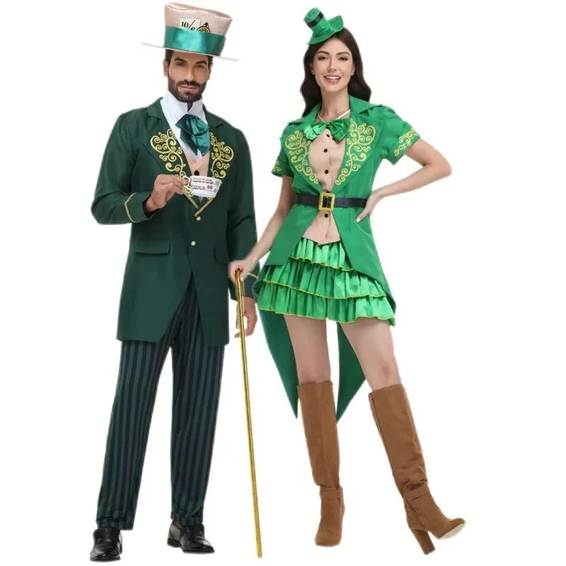 Green hatter couples Halloween costume with gold embroidered jackets