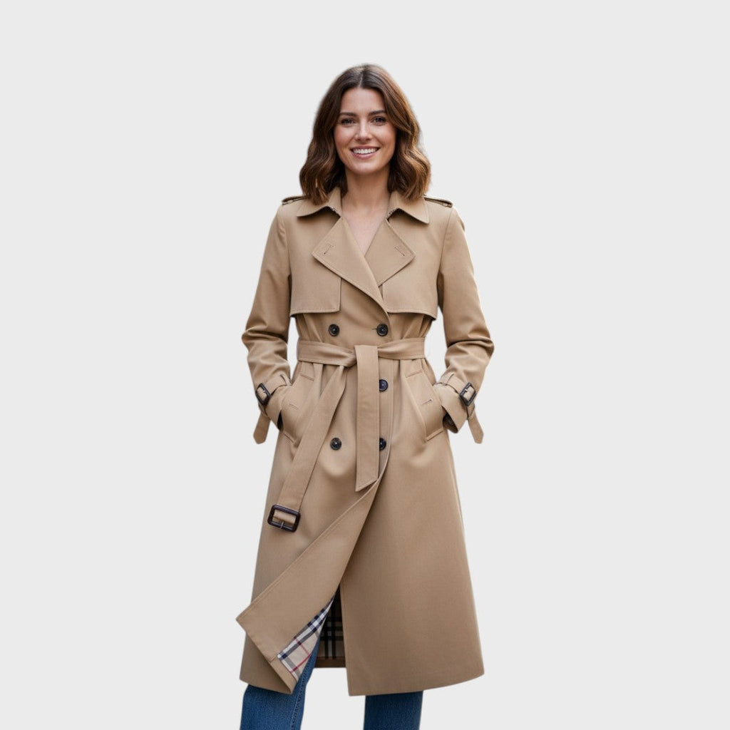 Women's belted double-breasted trench coat, long length with buckled cuffs
