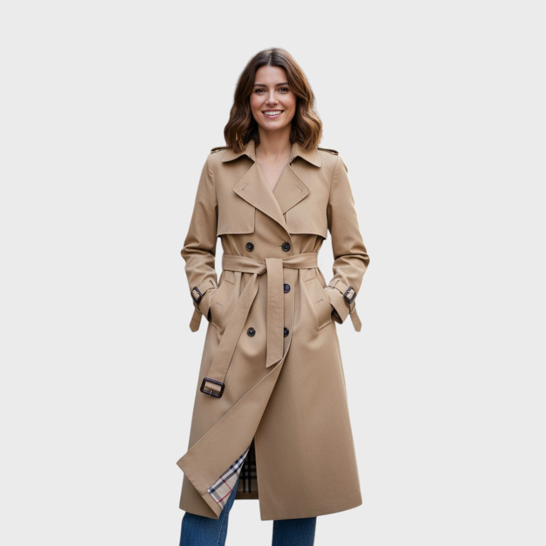 Women's belted double-breasted trench coat, long length with buckled cuffs