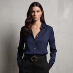 Relaxed satin collared shirt with button front worn tucked in