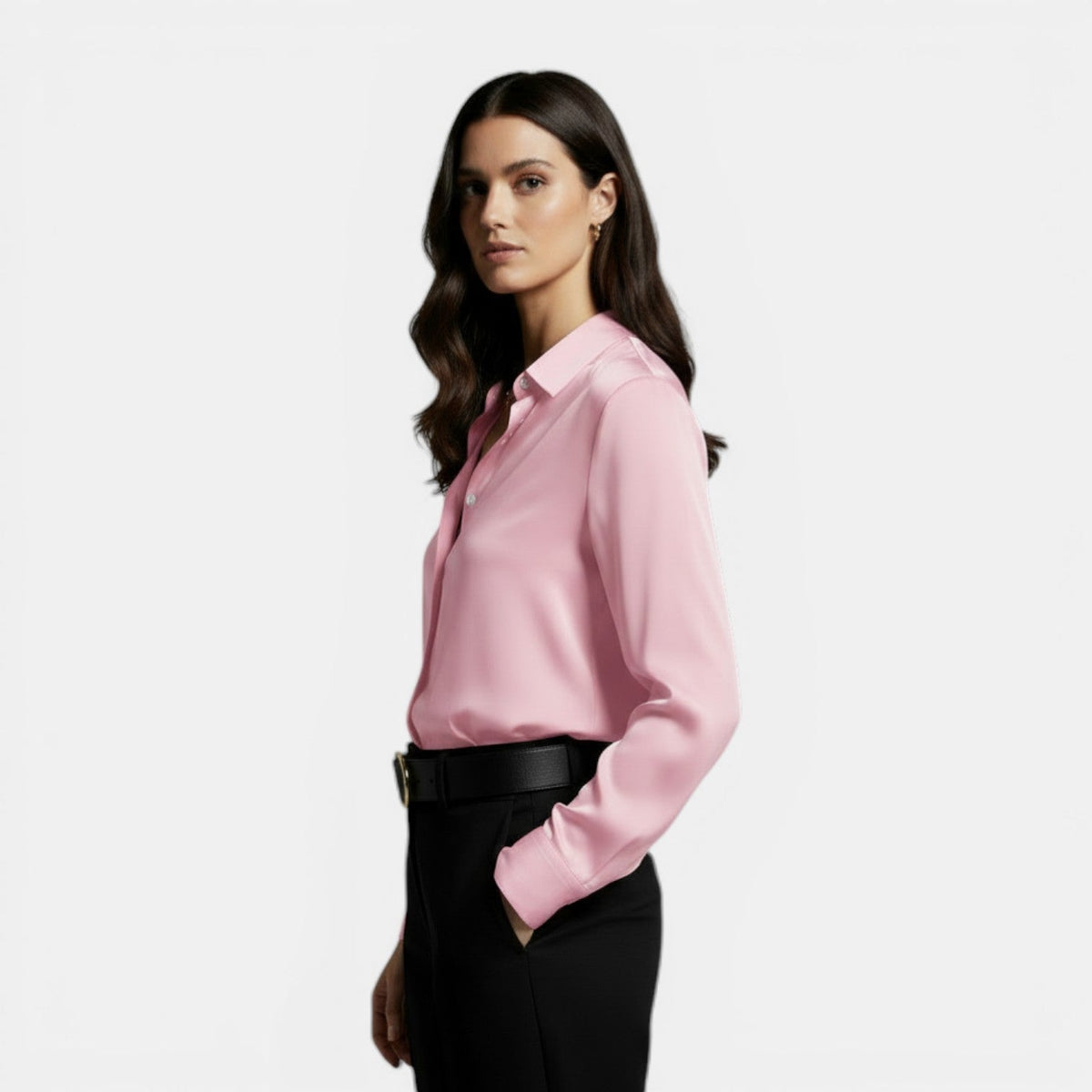 Relaxed satin collared shirt with button front worn tucked in - view 11