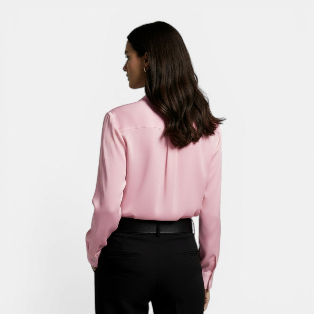 Relaxed satin collared shirt with button front worn tucked in - view 12