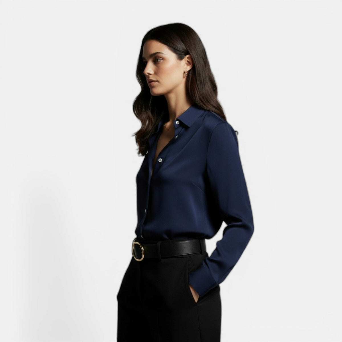Relaxed satin collared shirt with button front worn tucked in - view 2