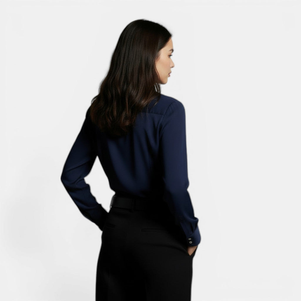 Relaxed satin collared shirt with button front worn tucked in - view 3