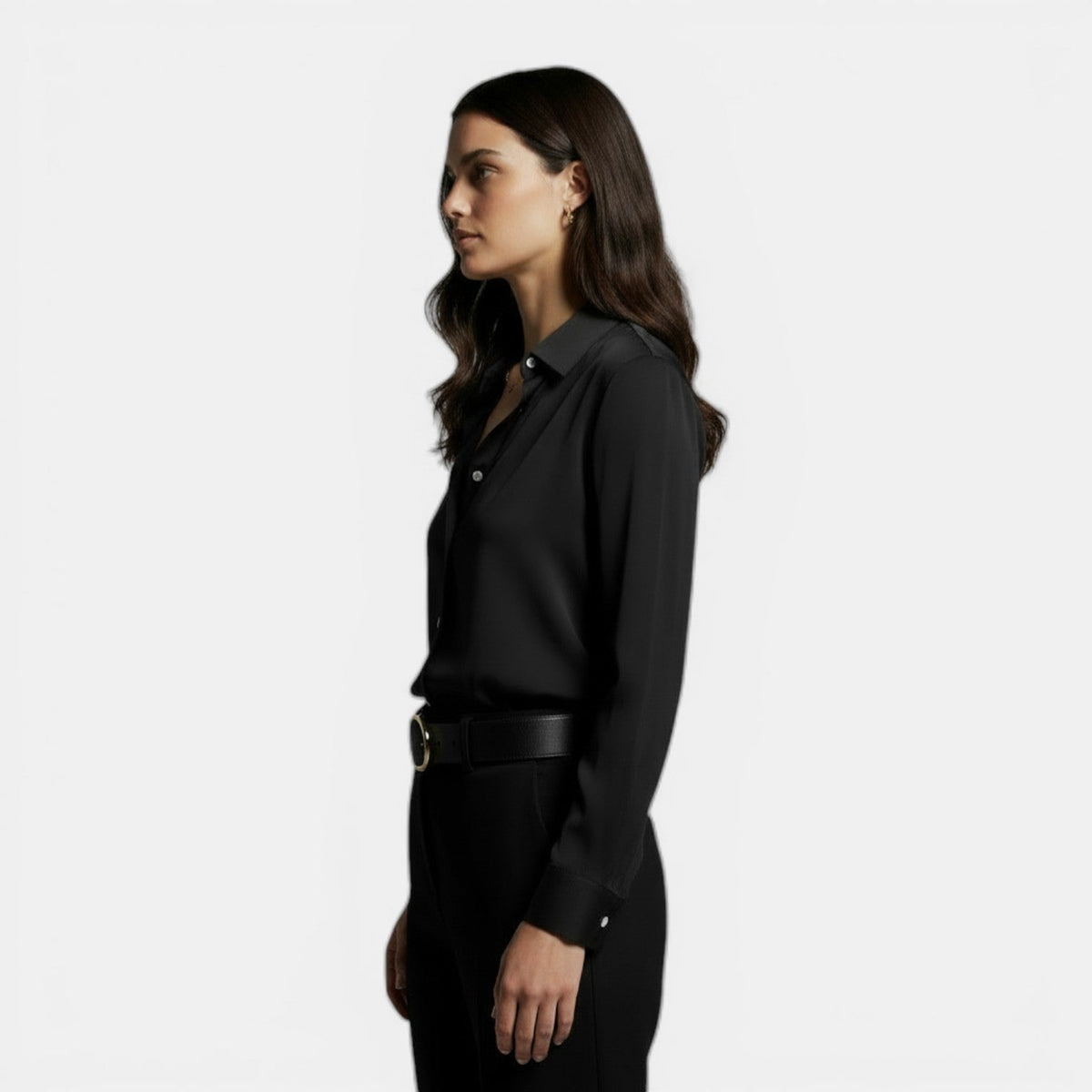 Relaxed satin collared shirt with button front worn tucked in - view 5