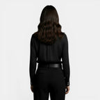 Relaxed satin collared shirt with button front worn tucked in - view 6