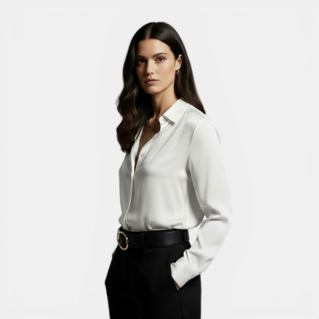 Relaxed satin collared shirt with button front worn tucked in - view 8