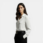 Relaxed satin collared shirt with button front worn tucked in - view 8