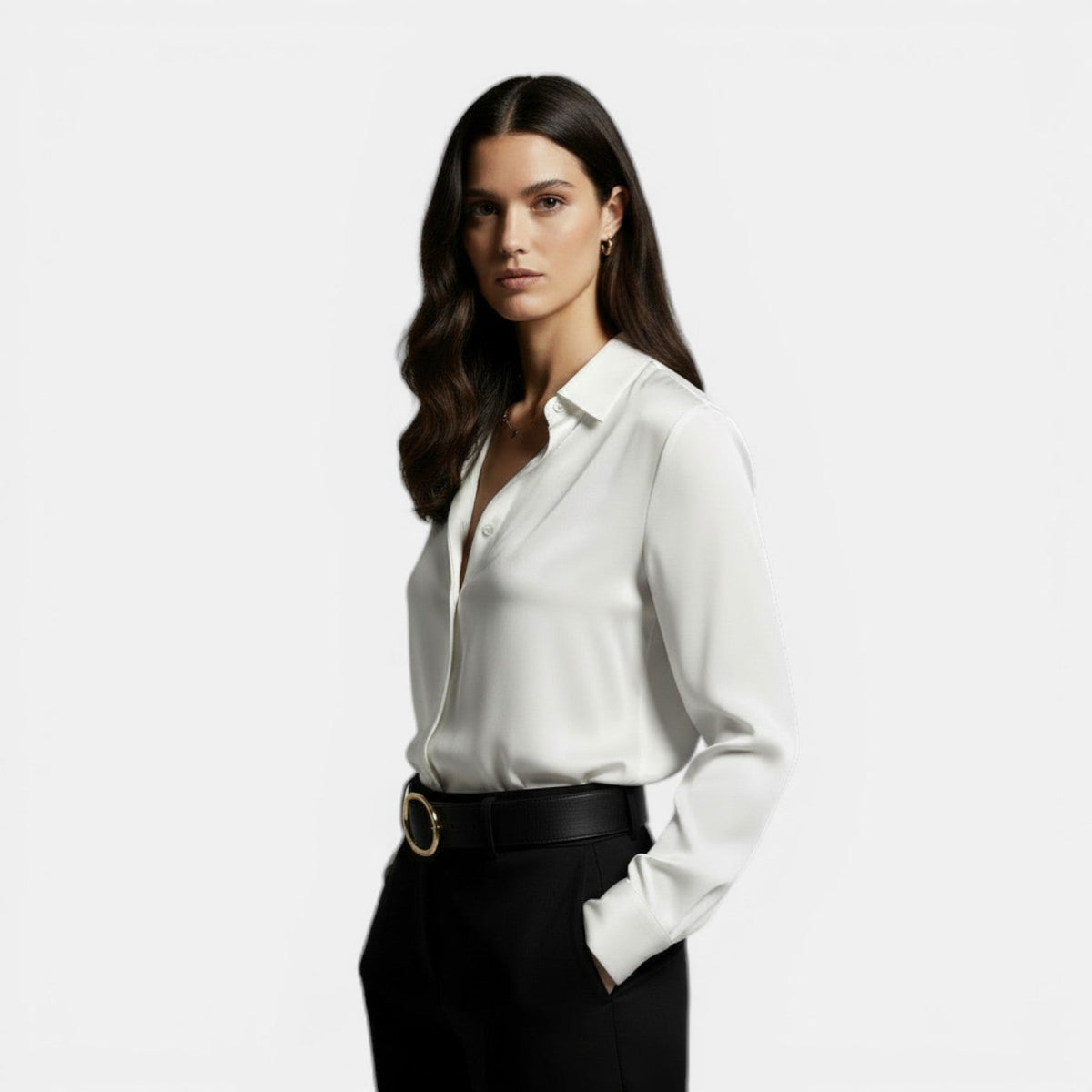 Relaxed satin collared shirt with button front worn tucked in - view 8