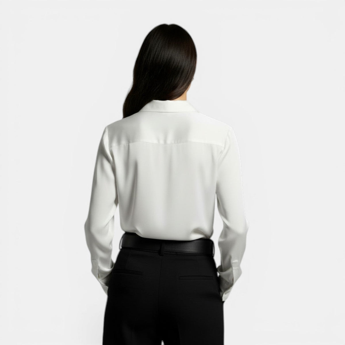 Relaxed satin collared shirt with button front worn tucked in - view 9
