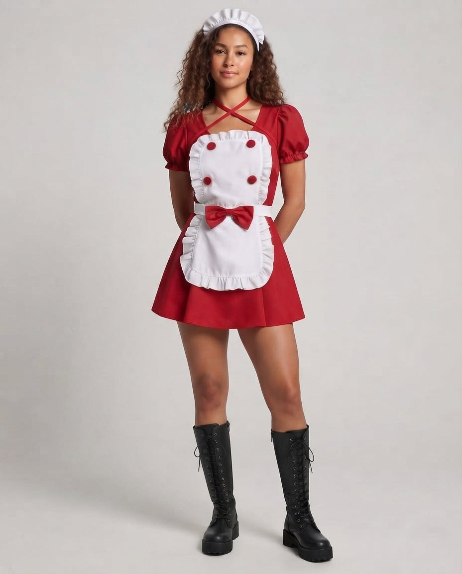 Women's maid Halloween costume dress with white ruffle apron, bow and puff sleeves
