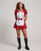 Women's maid Halloween costume dress with white ruffle apron, bow and puff sleeves