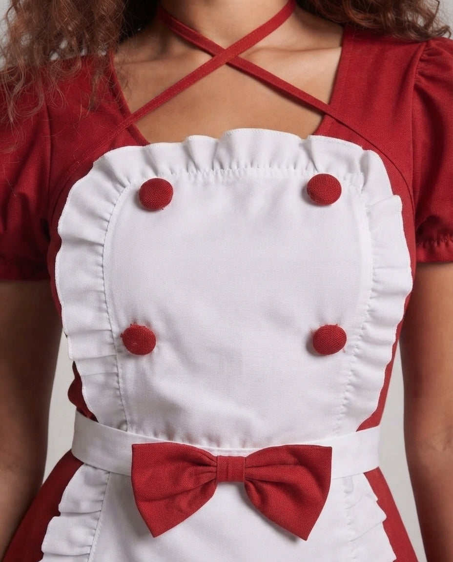 Women's maid Halloween costume dress with white ruffle apron, bow and puff sleeves - view 2