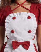 Women's maid Halloween costume dress with white ruffle apron, bow and puff sleeves - view 2