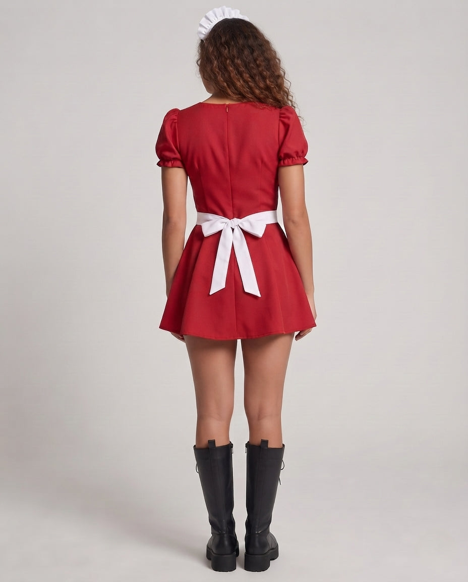 Women's maid Halloween costume dress with white ruffle apron, bow and puff sleeves - view 3