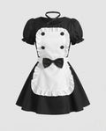 Women's maid Halloween costume dress with white ruffle apron, bow and puff sleeves - view 4