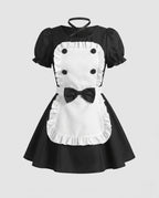 Women's maid Halloween costume dress with white ruffle apron, bow and puff sleeves - view 4