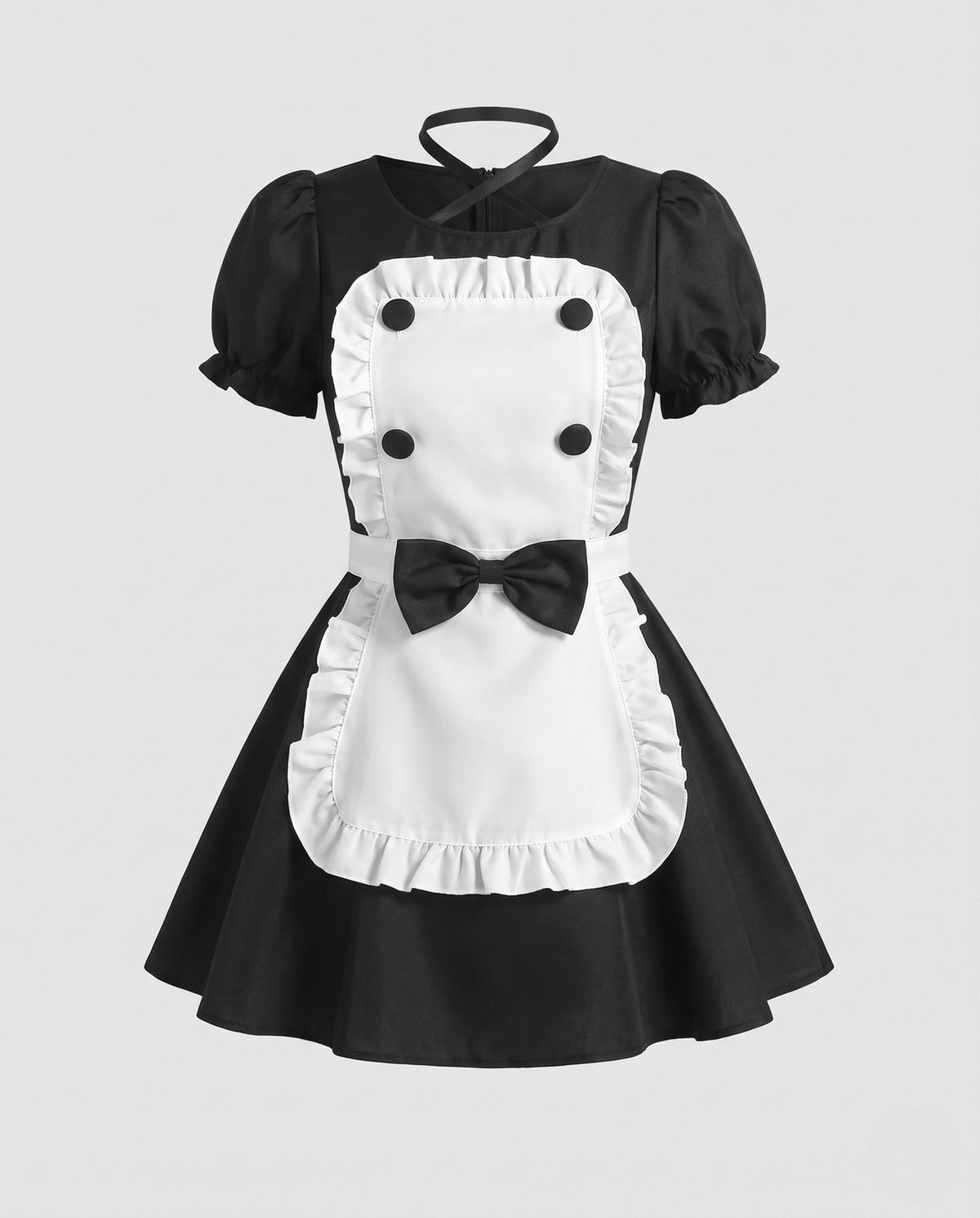 Women's maid Halloween costume dress with white ruffle apron, bow and puff sleeves - view 4