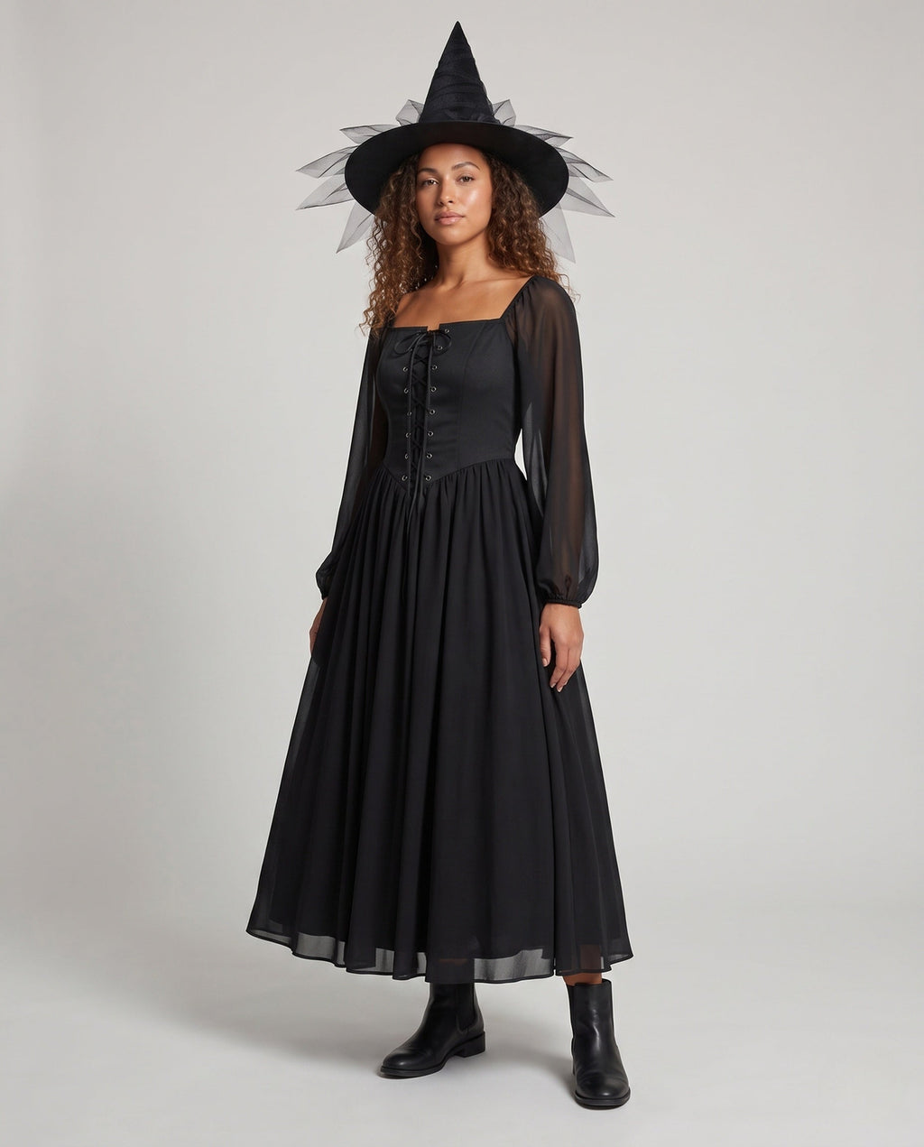 Black lace-up corset witch costume dress with sheer long sleeves