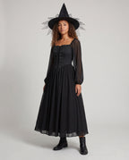 Black lace-up corset witch costume dress with sheer long sleeves
