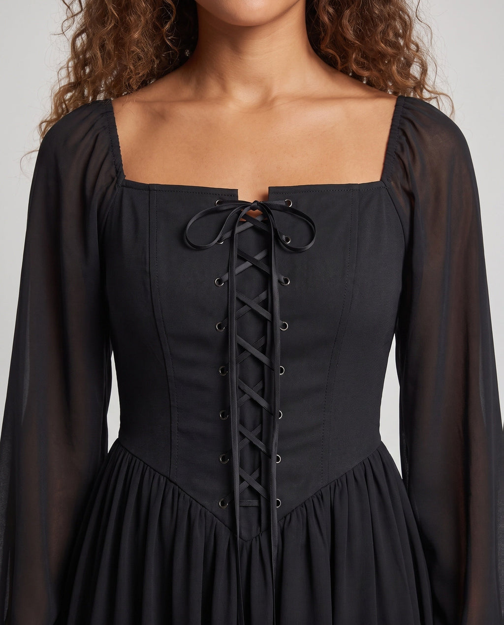 Black lace-up corset witch costume dress with sheer long sleeves - view 2