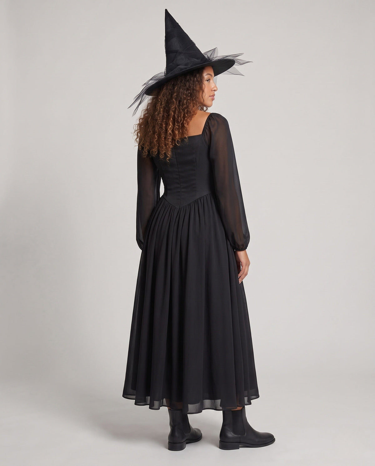 Black lace-up corset witch costume dress with sheer long sleeves - view 3