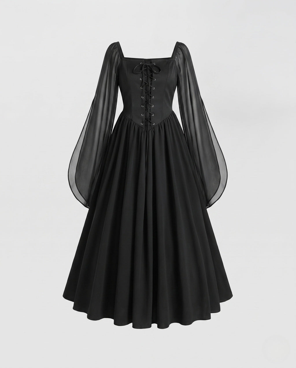 Black lace-up corset witch costume dress with sheer long sleeves - view 4