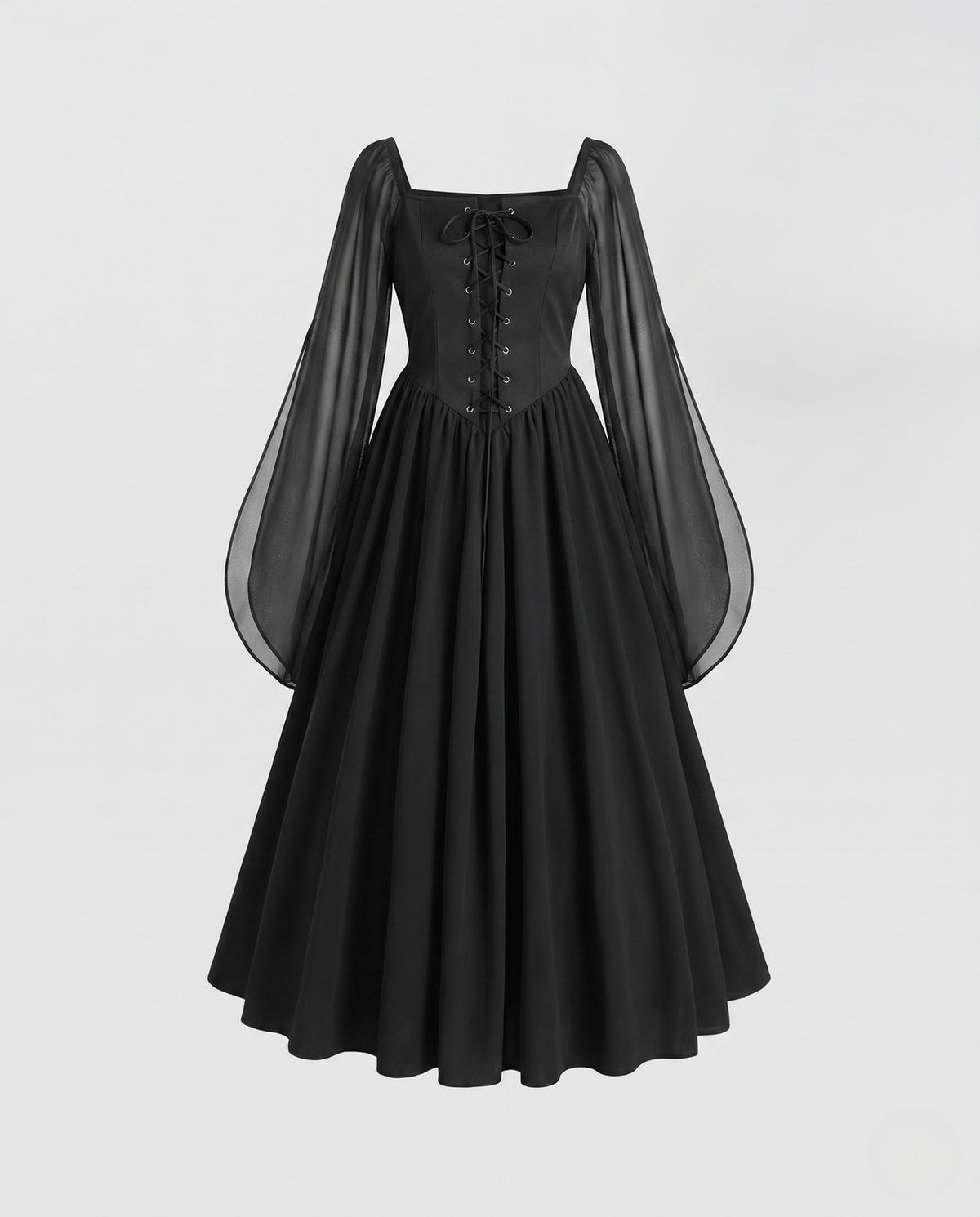 Black lace-up corset witch costume dress with sheer long sleeves - view 4