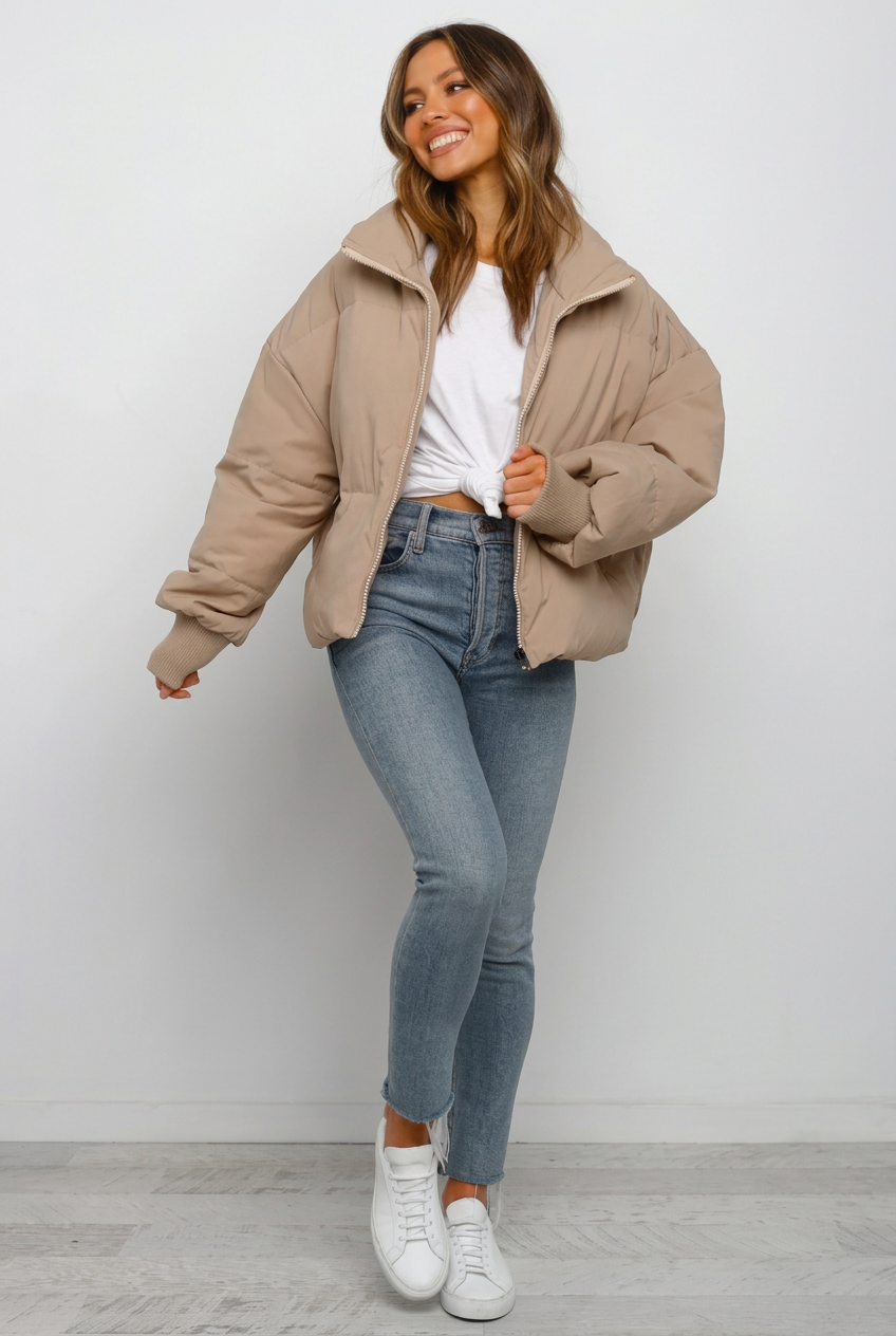 Women's cropped puffer jacket with zip front and side zip pockets - view 4