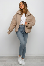 Women's cropped puffer jacket with zip front and side zip pockets - view 4