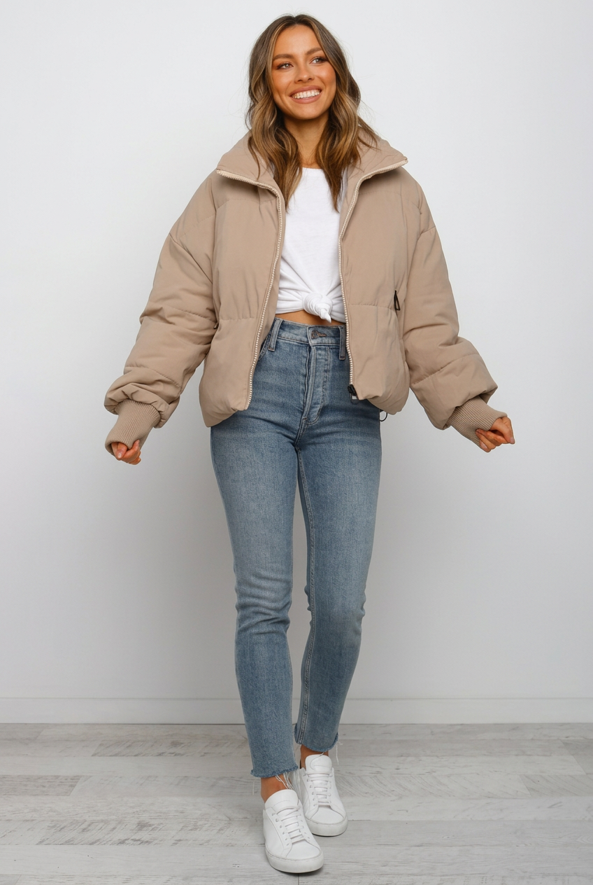 Women's cropped puffer jacket with zip front and side zip pockets - view 5