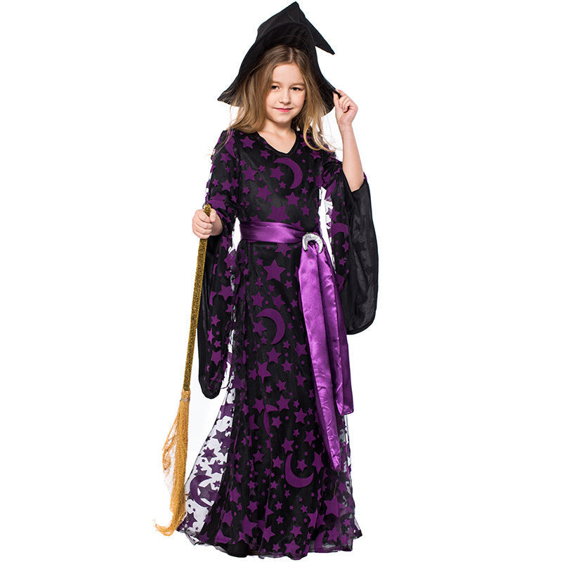 Girls witch Halloween costume with black and purple star and moon print dress, satin sash and pointed hat
