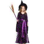 Girls witch Halloween costume with black and purple star and moon print dress, satin sash and pointed hat - view 3