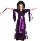 Girls witch Halloween costume with black and purple star and moon print dress, satin sash and pointed hat - view 4